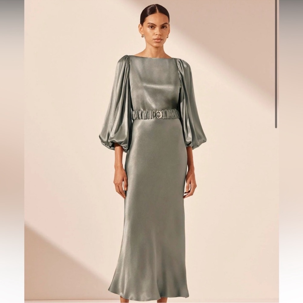 Shona Joy La Lune Balloon Sleeve Midi Dress With Belt-Sage